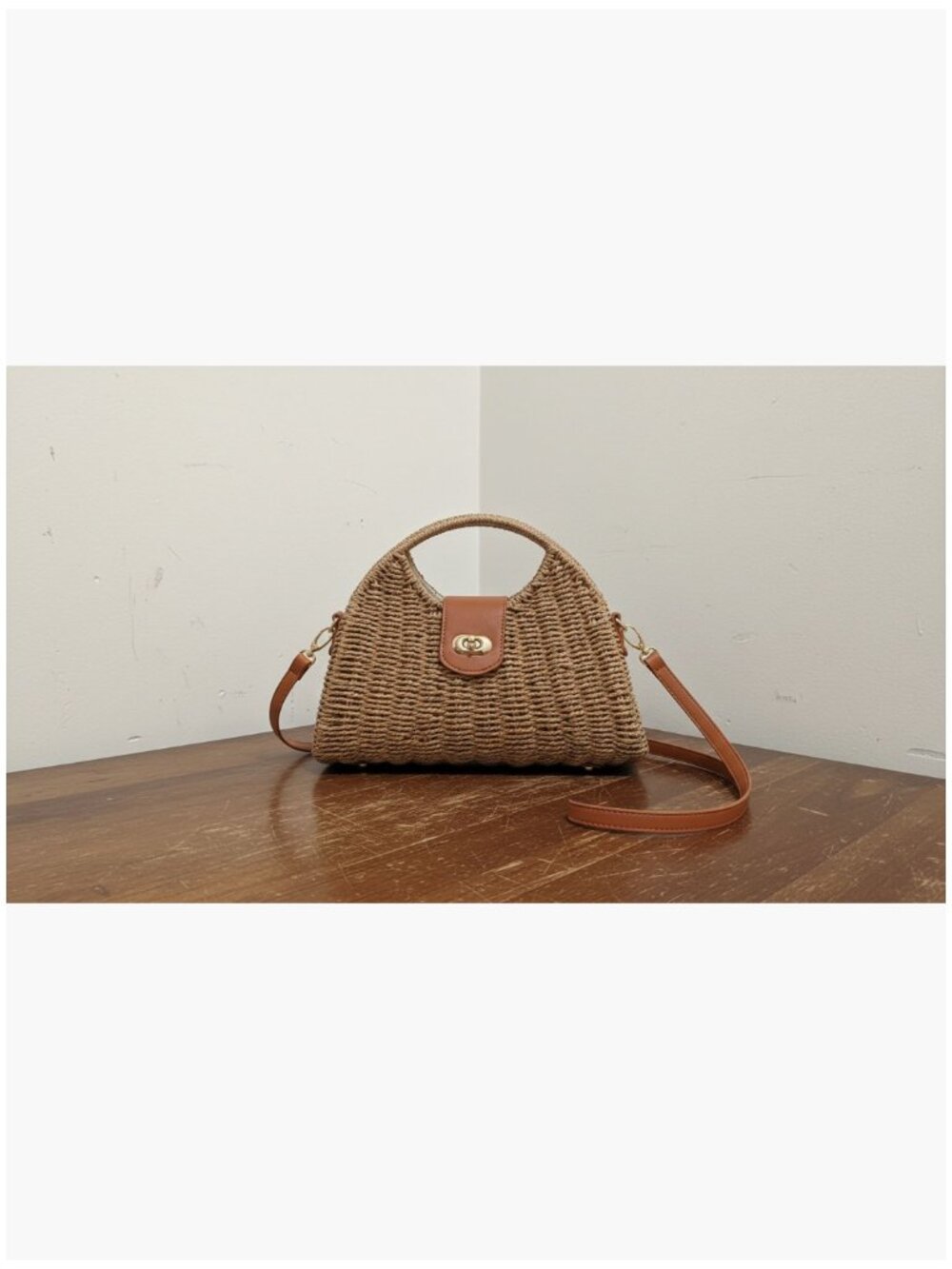 Handwoven Straw Crossbody Tote Bag with Rattan Top Handle - Picture 1 of 7